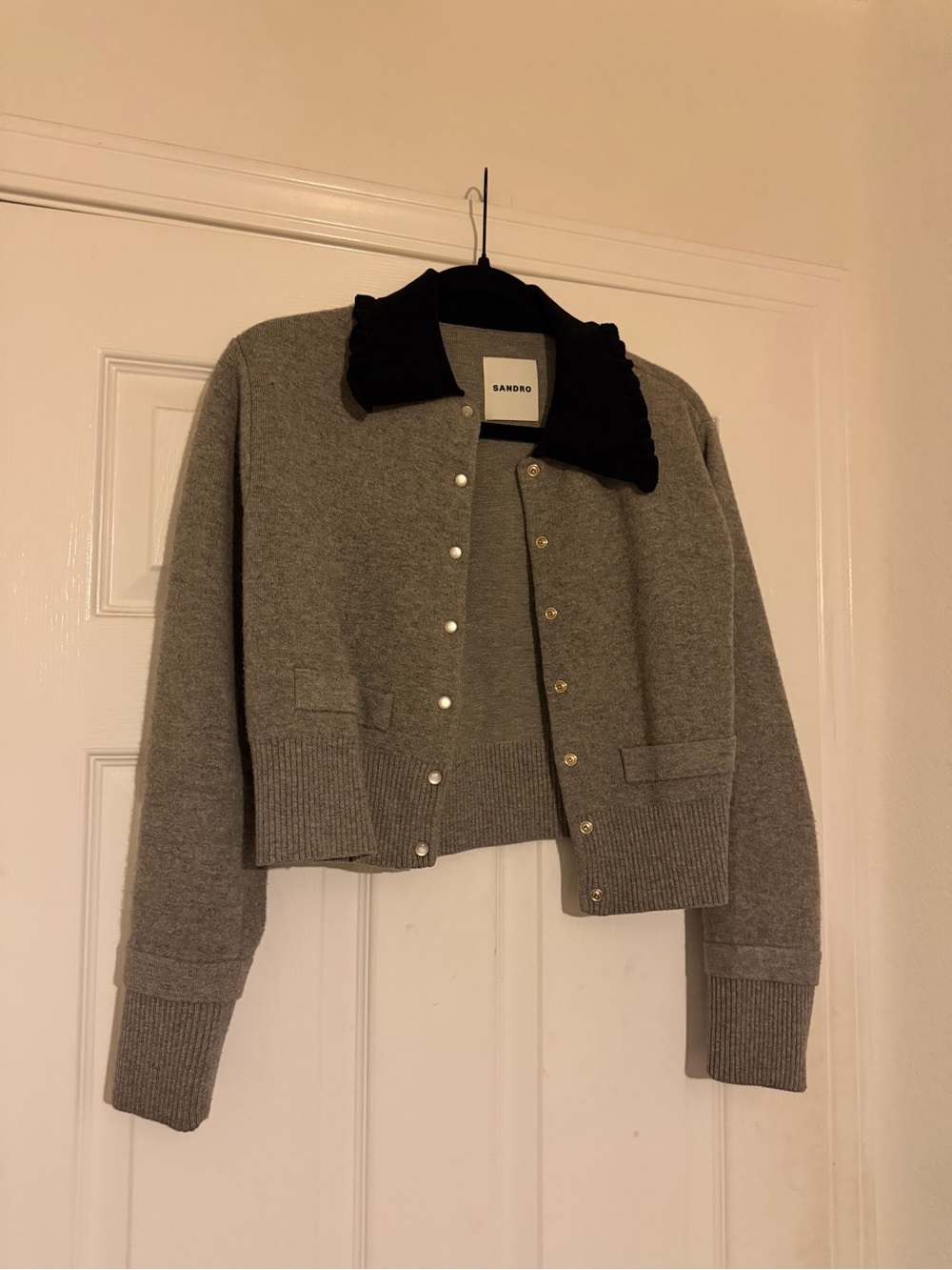 Sandro Gray Knit Snap-Front Jacket with Black Collar